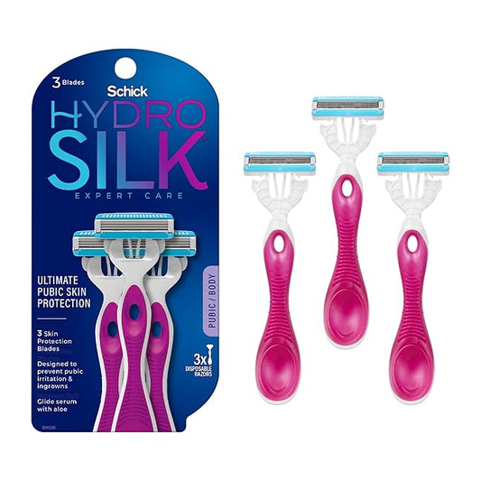 Schick Hydro Silk Ultimate Pubic Skin Protection, Disposable Razors for Women Sensitive Skin | Pubic Hair Razor for Women, Bikini Razor, Womens Razors Bikini Line, 3ct-Velvo Beauty