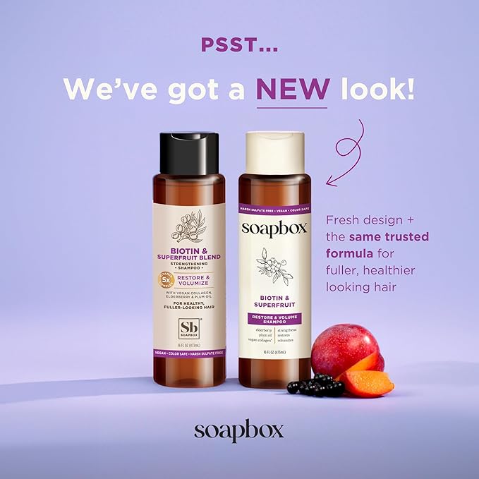 Soapbox Biotin & Superfruit Shampoo & Conditioner Set with Vegan Collagen, Aloe and Shea Butter, Pack of 2 Harsh Sulfate Free, Paraben & Silicone Free, 16 Ounces Each-Velvo Beauty