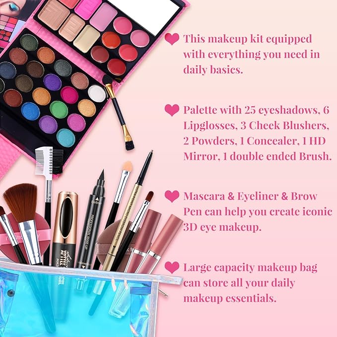Makeup Set for Women Full Kit - 32 Colors Makeup Palette,5pcs Brushes Set, Mascara & Stamp Liquid Eyeliner, Eyebrow Pen, 2pcs Matte Liquid Lipsticks, 2 Powder Puff, 1 Cosmetic Bag Makeup Gift Set-Velvo Beauty