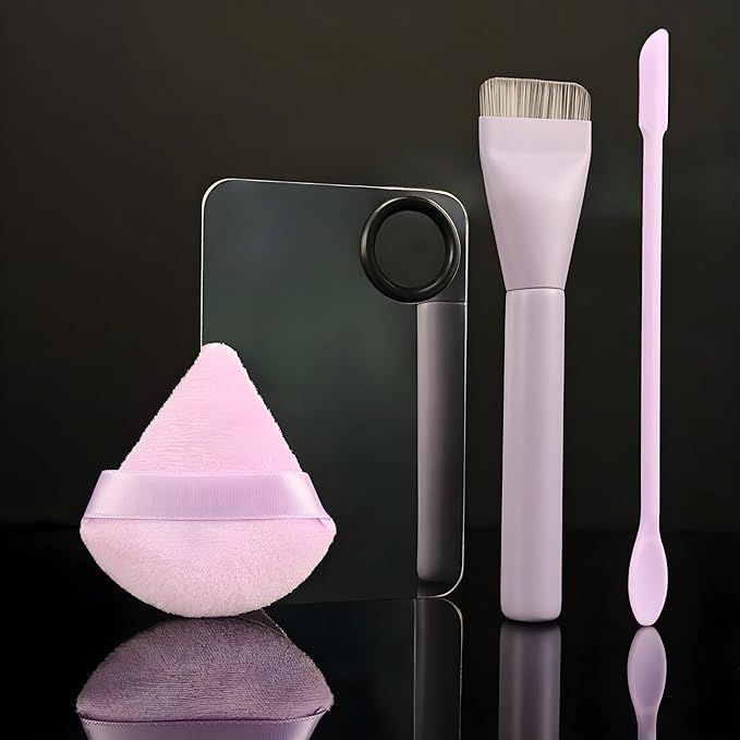 Makeup Brush Set - Flat Foundation Brush, Blender Sponge, Face Spatula, Puff & Heart-Shaped Mixing Palette with Leather Case – Complete Face Makeup Tool Kit for Blending, Foundation & Application-Velvo Beauty