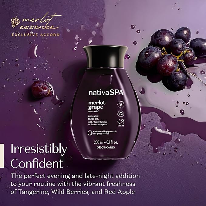 Nativa SPA by O Boticário Merlot Grape Biphase Body Oil, with Quinoa & Grapeseed Oils, Silky Glow with Hydration, 6.7 Ounce (200ml)-Velvo Beauty
