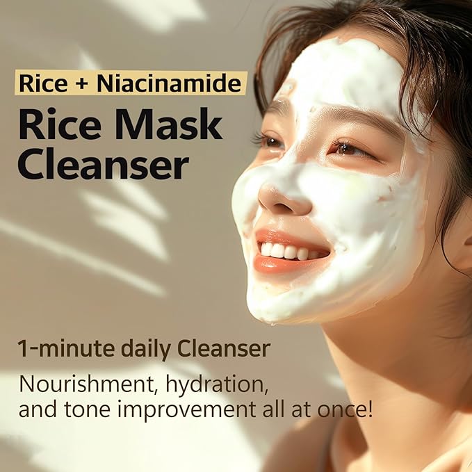 Rice Mask Cleanser 6.76 fl oz - Glow-Boosting & Hydrating Face Wash with Jeju Rice & Natto Gum, Gentle Exfoliating Daily Foam Cleanser, Deep Pore Cleansing, Non-Irritating- Korean Skin Care-Velvo Beauty
