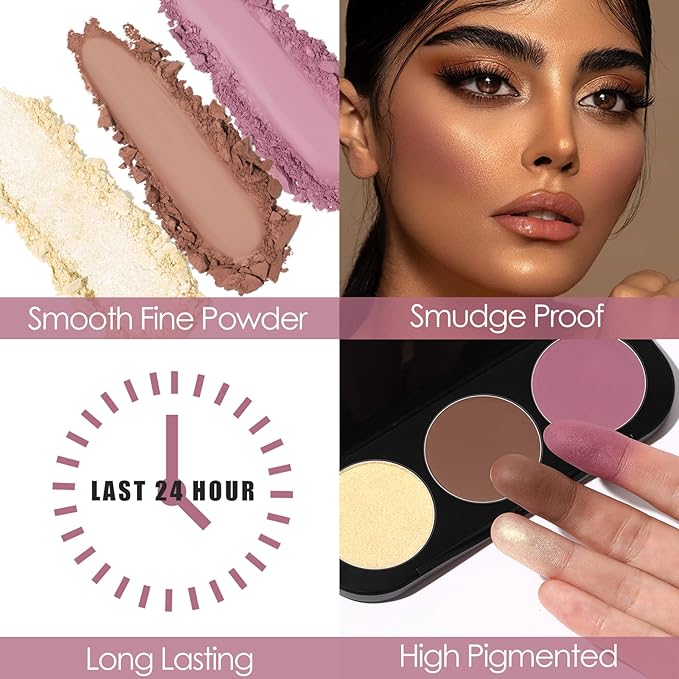 FOCALLURE Blush and Highlighter Palette,3 in 1 Contour Palette,Cruelty-Free Matte Bronzer Powder,Shimmer Illuminator Highlighters for a Glowing Look,#07