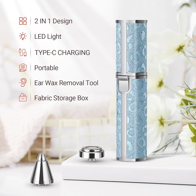 Facial Hair Remover for Face Lip, Electric 2 in 1 Face Shaver and Eyebrow Trimmer, Rechargeable Blue Nose Hair Trimmer for Women with Built-in LED Light-Velvo Beauty
