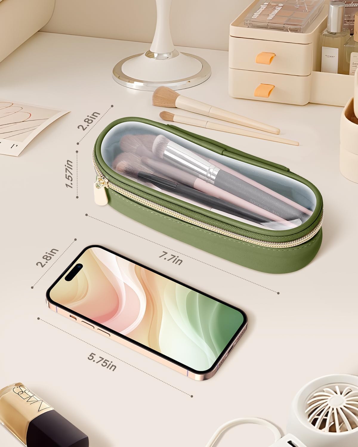Clear Travel Makeup Brush Holder, Leather Makeup Brush Toiletry Bag, Portable Cosmetic Brush Case, Transparent Waterproof Makeup Brush Storage Bag, Green-Velvo Beauty