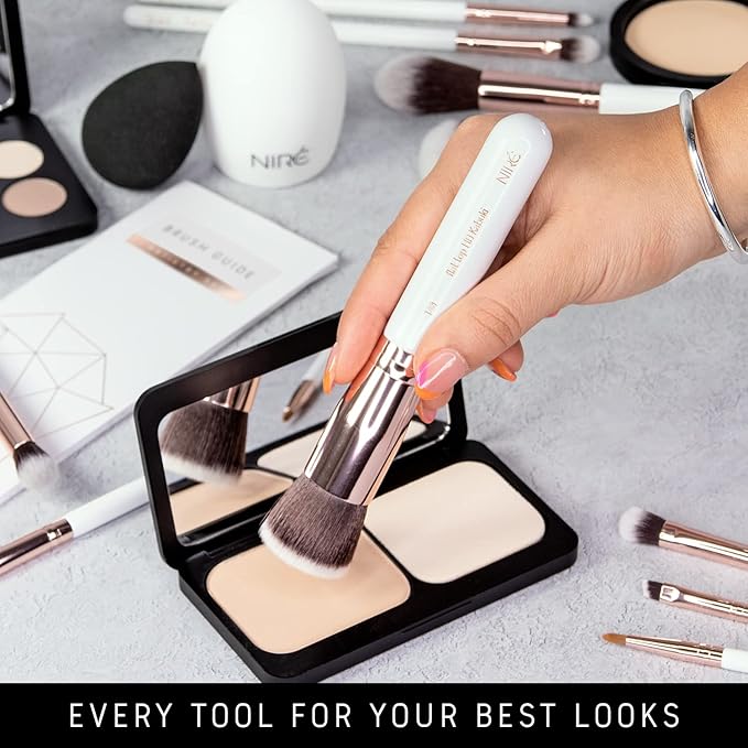 Niré Beauty White 15piece Award Winning Professional Makeup Brush Set: Vegan Makeup Brushes with Case, Makeup Sponge, Cleaner, Guide, Gift Box-Velvo Beauty