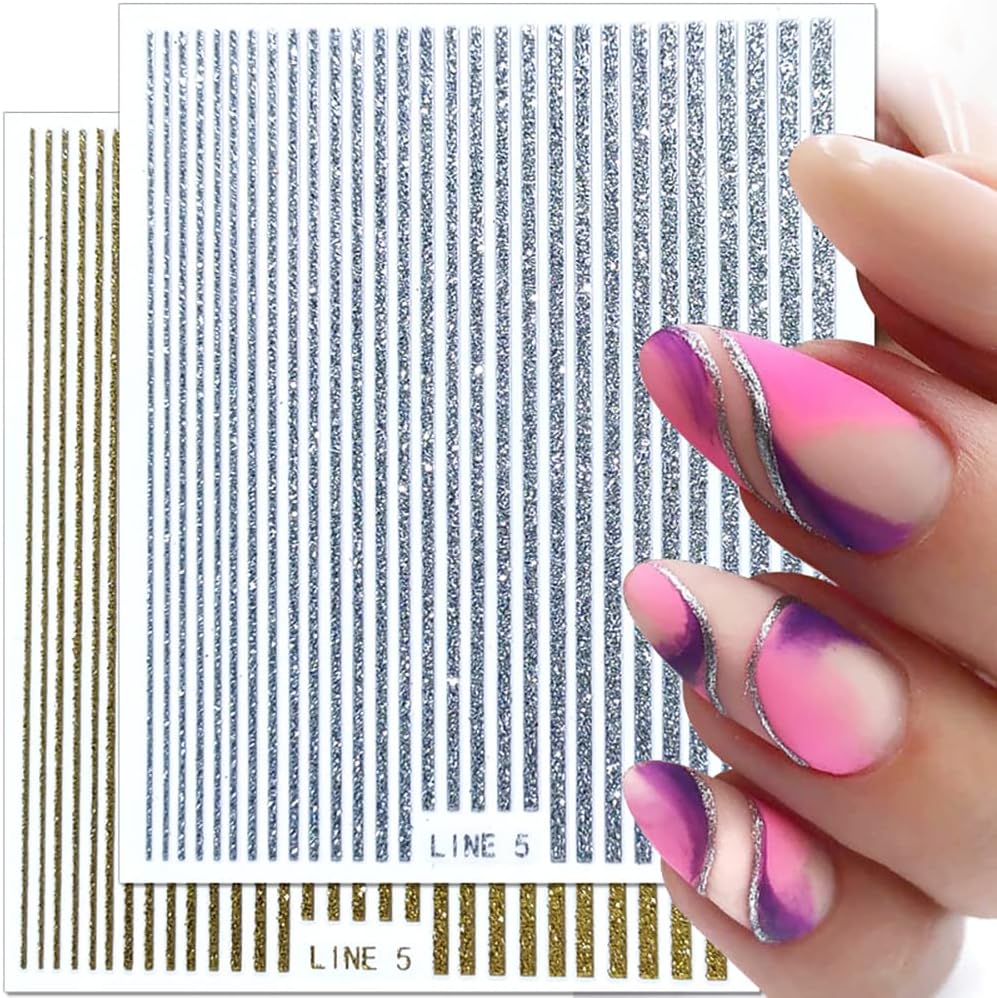 3D Glitter Lines Nail Stickers Holographic Nail Art Stickers Metal Stripe Nail Decals Self Adhesive Geometric Strip Line Nails Stickers Women DIY Nail Supplies,6 Colors/Set-Velvo Beauty