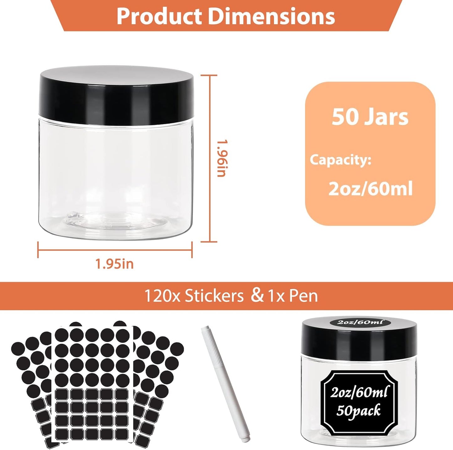50pcs 2 oz Clear Plastic Round Jars with Black Lids, 2oz 60ml Leak-Proof Wide-Mouth Cosmetic Storage Containers for Kitchen Use, Beauty Products, Cream, Scrubs, Bath Salt and More-Velvo Beauty