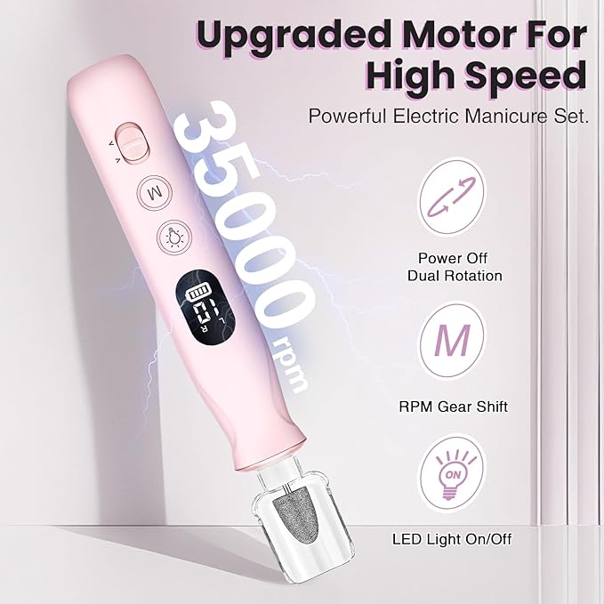 Electric Nail Drill, Cordless 2000 mAh Rechargeable Portable Nail File 12 in 1 Kit for Thick Toenails, 10 Speeds Nail Dril Machine Professional Manicure Pedicure for Hand Natural Nails Care (Pink)-Velvo Beauty
