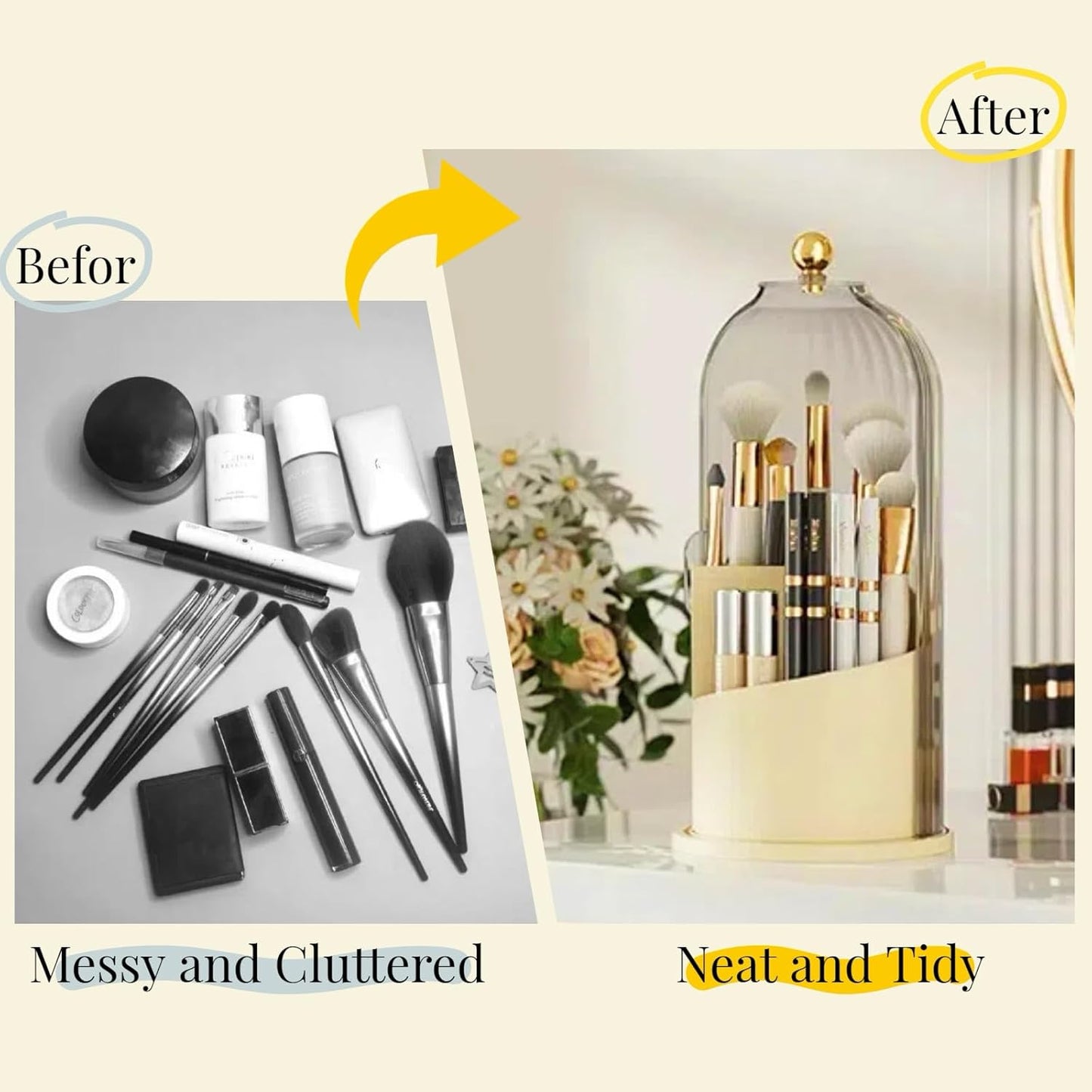 B-H1 Makeup Brush Holder with Dustproof Cover 360 Rotating Makeup Brushes Organizer for Vanity Desktop Bathroom (Gray)-Velvo Beauty