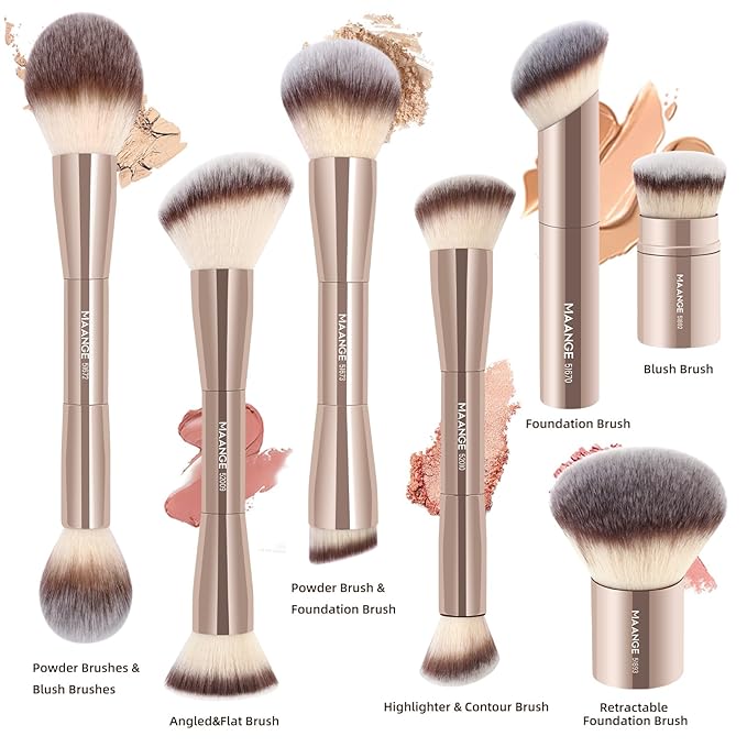 MAANGE 7pcs Makeup Brush Set Double Sided Kabuki Makeup Brushes Contour Brush for Foundation Liquid Powder Concealer Cream Cosmetics Bronzer Blending Blush Buffing Makeup Tools (Gold)-Velvo Beauty