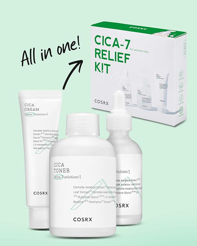 COSRX CICA Relief Kit | Toner, Serum, Cream with Centella Asiatica | Sensitive Skin, Soothing, Moisturizing | Travel Size Set, Gift Set, Korean Skincare, Not Tested on Animals, Paraben Free-Velvo Beauty
