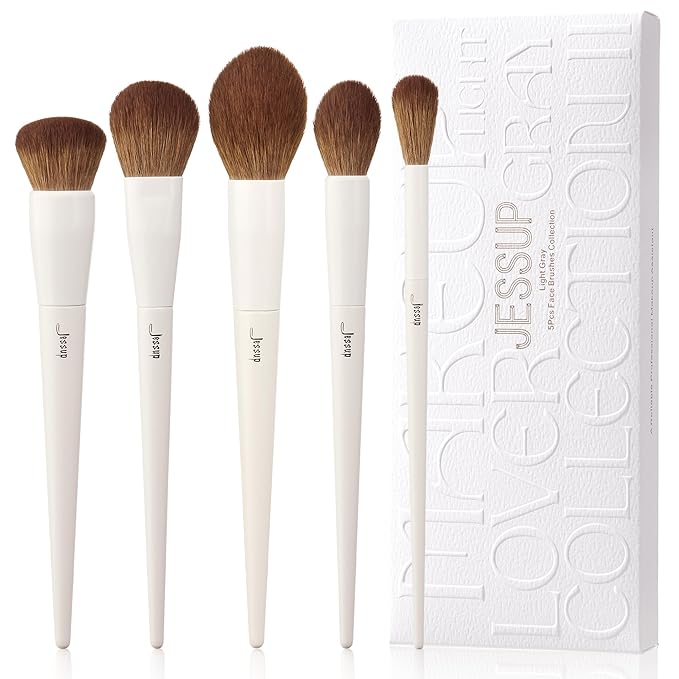 Jessup Makeup Brush Set 5Pcs Face Makeup Brushes Vegan Soft Foundation Brush Blush Brush Bronzer Contour Brush Highlighter Brush Fluffy Setting Powder Brush, Light Grey T493-Velvo Beauty