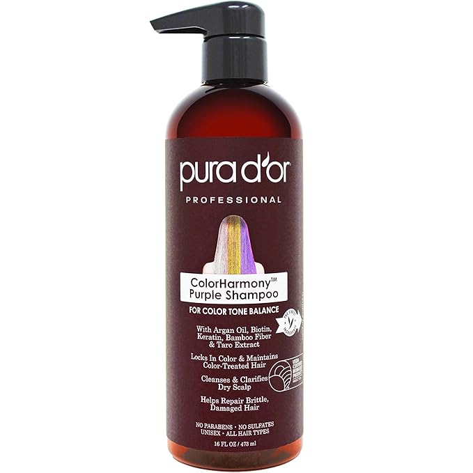 PURA D'OR 16 Oz ColorHarmony Purple Shampoo For Bleached, Blonde, Silver & Color Treated Hair - Keratin, Bamboo Fiber, No Sulfates, Select Natural Ingredients - Men & Women-Velvo Beauty