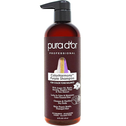 PURA D'OR 16 Oz ColorHarmony Purple Shampoo For Bleached, Blonde, Silver & Color Treated Hair - Keratin, Bamboo Fiber, No Sulfates, Select Natural Ingredients - Men & Women-Velvo Beauty