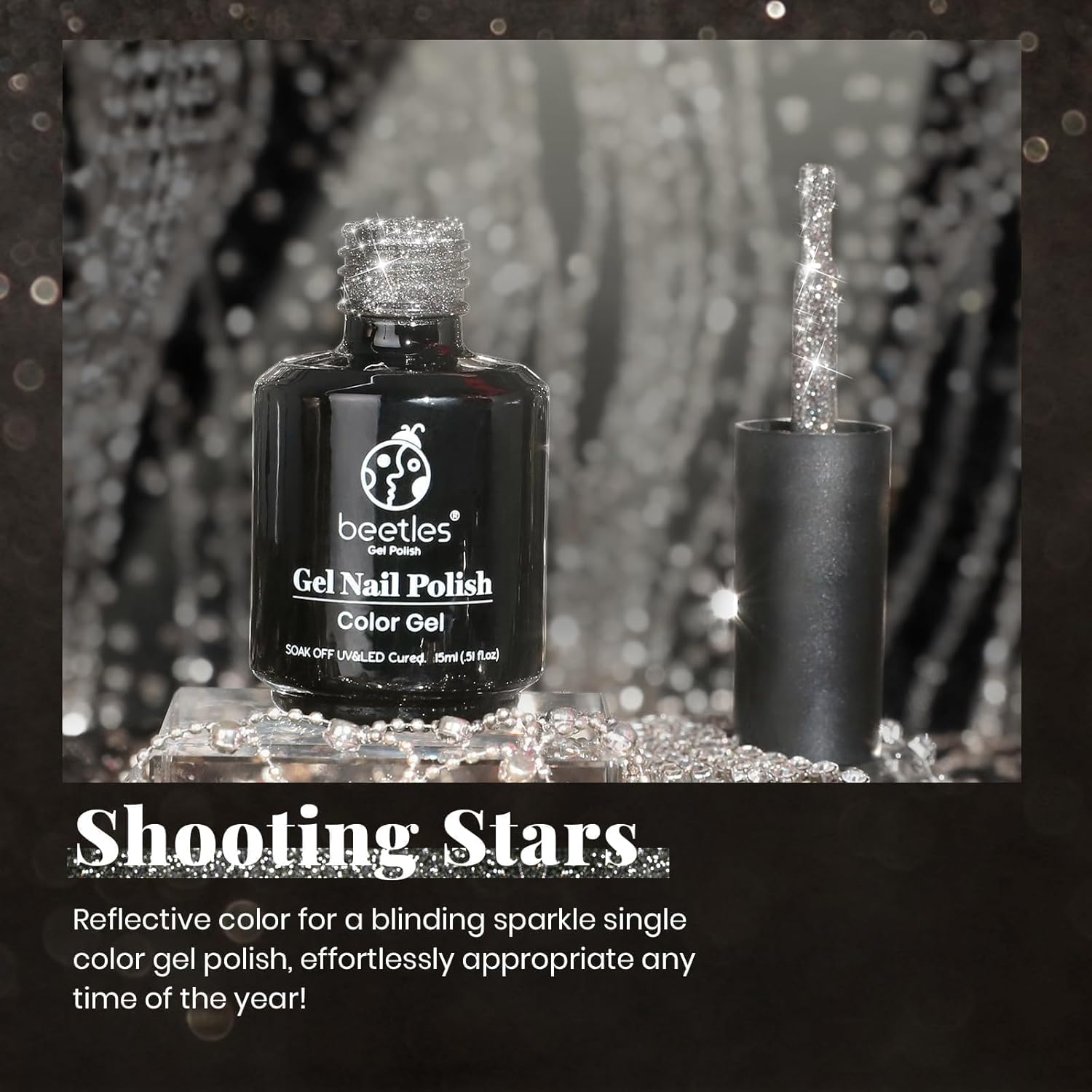 Beetles Black Gel Nail Polish, 1Pcs 15ML Glitter Gel Nail Polish Black Sparkle Reflective Shimmer Color Soak Off UV Lamp Disco Nail Art Manicure Salon DIY at Home Gifts for Her-Velvo Beauty