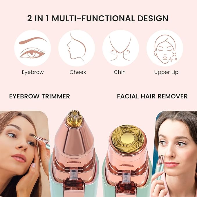 Hatteker Eyebrow Facial Trimmer, 2 in1 Rechargeable Hair Removal and Eyebrow Shaver - Face Lips Body Painless Razor with Built-in LED Light (Green)-Velvo Beauty