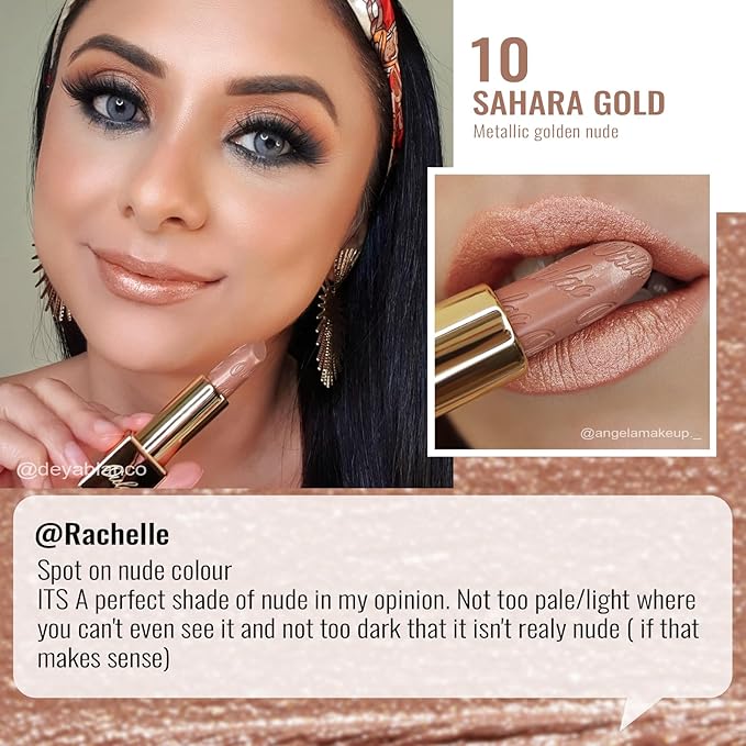 Oulac Nude Lipstick for Women with Metallic 3D Shine Lightweight Hydrating Formula, High Impact Lip Color, Vegan Beauty, Full Coverage Lip Makeup, Christmas Gifts for Women, Sahara Gold(10)-Velvo Beauty
