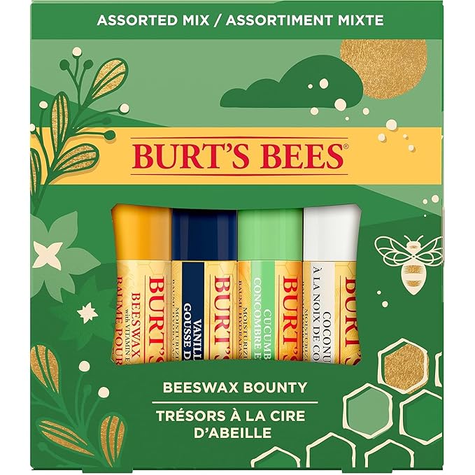 Burt's Bees Holiday Gift, 4 Lip Balms Stocking Stuffer, Assorted Mix Set, Classic Beeswax, Vanilla, Cucumber Mint & Coconut And Pear-Velvo Beauty