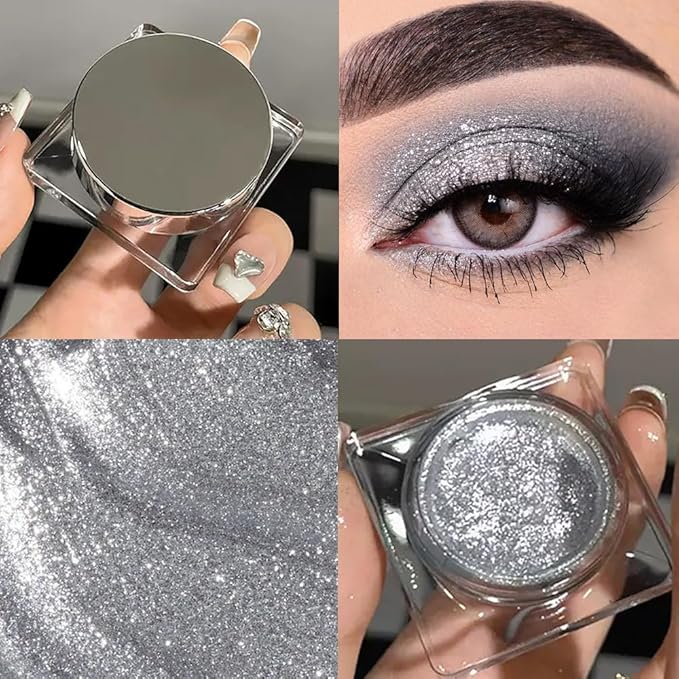 Single Glitter Eyeshadow, Shimmer Eyeshadow Palette, Korean Eye Glitter Makeup, Ultra-Blendable, Sparkle Silver Eye Shadow, Single Shade Metallic Pigmented, (Silver)-Velvo Beauty