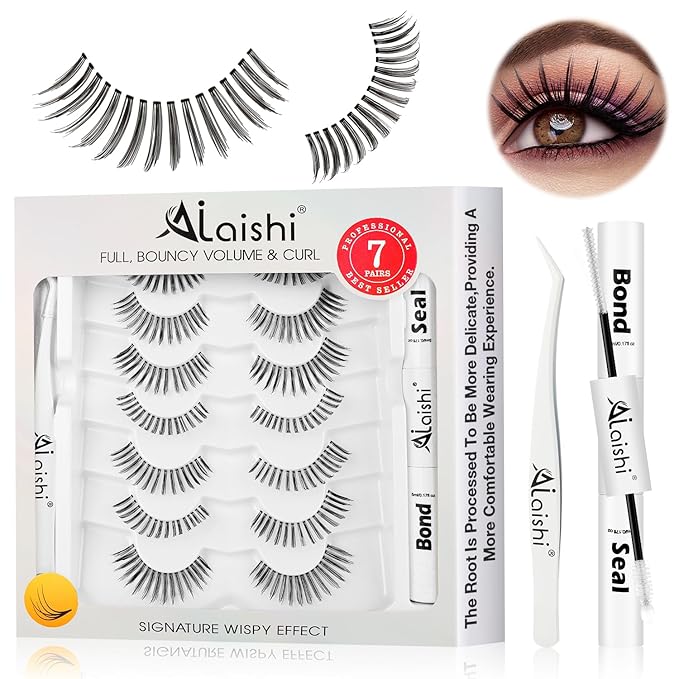 Wispy False Eyelashes Kit With Bond, Seal and Tweezer, 7 Pairs Natural Look Fake Cat Eye Lashes Strips Thin Band Extensions Waterproof Easy Eyelashes for Beginners DF99#-Velvo Beauty