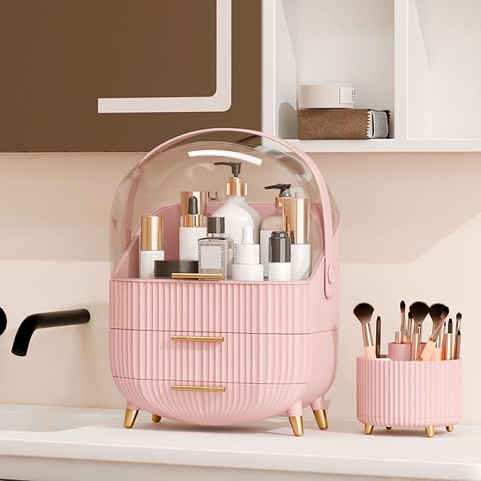 Makeup Organizers and Storage Make up Organizer for Vanity Cosmetics Skincare With Lid and Drawers Display Cases for Countertop Bathroom Women Teenager Girl Gifts(Pink+Brush Holder)-Velvo Beauty