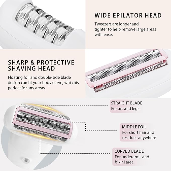 5 in 1 Electric Shaver for Women,Epilators Hair Removal for Women's Body, Electric Razor for Women Legs Public Area Bikini Trimmer, Face Scrubber, Facial Cleaning Brush Dry Wet Gift Set (Pink)-Velvo Beauty