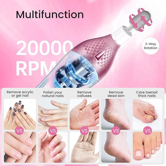 36-Piece Professional Manicure Pedicure Kit-Cordless Electric Nail File Kit,20000RPM, 11Pcs Bits,4 Speed,Rechargeable Pedicure Tool for Feet,Hand Foot Care Nail Drill Tool for Nail Grind Trim Polish-Velvo Beauty