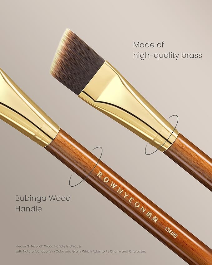 Desert Oak Series Angled Foundation Brush - 20mm Thin Contour Head for Cream/Stick Foundation, Precision Buffing & Detailing, Bubinga Handle & Brass Ferrule (CM 185)-Velvo Beauty