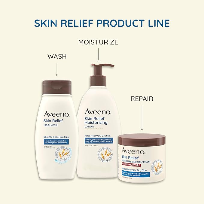 Aveeno Skin Relief Fragrance-Free Moisturizing Lotion for Sensitive Skin, with Natural Shea Butter & Triple Oat Complex, Unscented Therapeutic Body Lotion for Itchy, Extra-Dry Skin, 18 fl. oz-Velvo Beauty