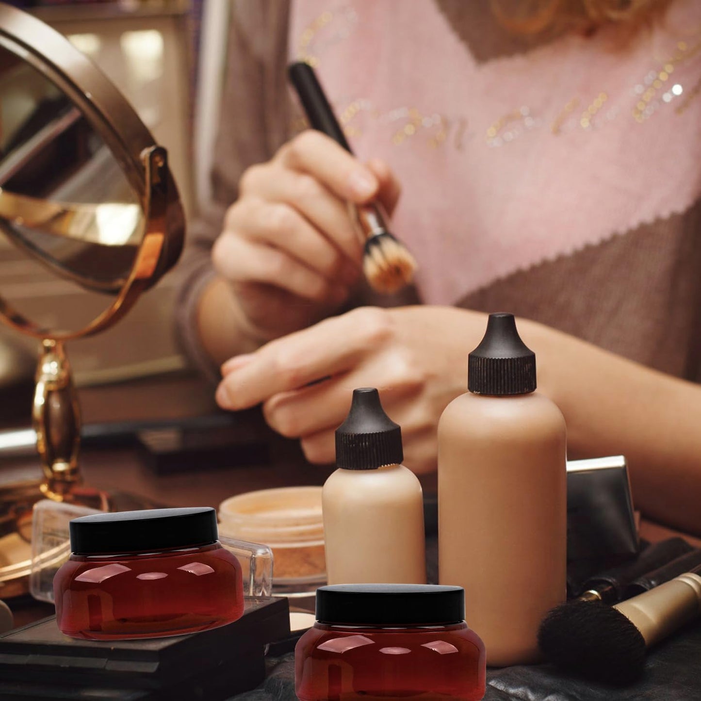 Amber Plastic Jars with Lids, 12 Pack Brown Body Scrub Jars Empty Refillable Containers Round Low Profile Samples Jars for Lotion, Body Butter, Sugar Scrub, Cream (7 OZ)-Velvo Beauty