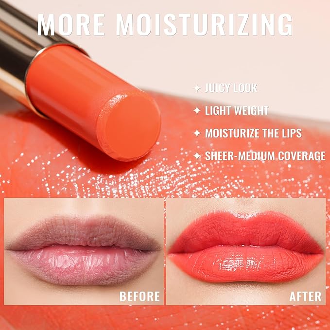 Oulac Moisturizing Shine Orange Red Lipstick for Women - 2 in 1 Orange Red Glossy Tinted Lip Balm, Hydrating Winter Lipstick for Dry Lips,Shine Juicy Finish Vegan 2.2g/0.07oz (12)-Velvo Beauty