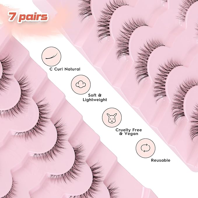 Cat Eyelashes Natural Eye Lashes 12mm False Lashes Wispy Thin Band 3D Volume Fake Eyelash C Curl Lash Pack Natural Look 7 Pair-Velvo Beauty