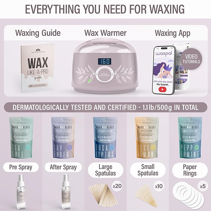 Tress Wellness Waxing Kit for Sensitive Skin – Safe for Face & Skin, Prep & Aftercare Spray, Easy to Use – At-Home Kit for Face, Bikini, Brazilian & Full Body - Digital Display, Dusty Lilac-Velvo Beauty