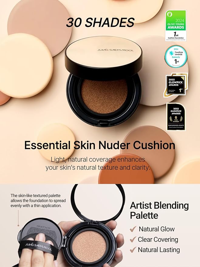 JUNG SAEM MOOL Essential Skin Nuder Cushion 25N Bronze 0.49 Fl Oz, No Refill, Natural Radiant Finish Cushion Foundation with Buildable Coverage, Lightweight Texture, Korean Foundation Makeup-Velvo Beauty