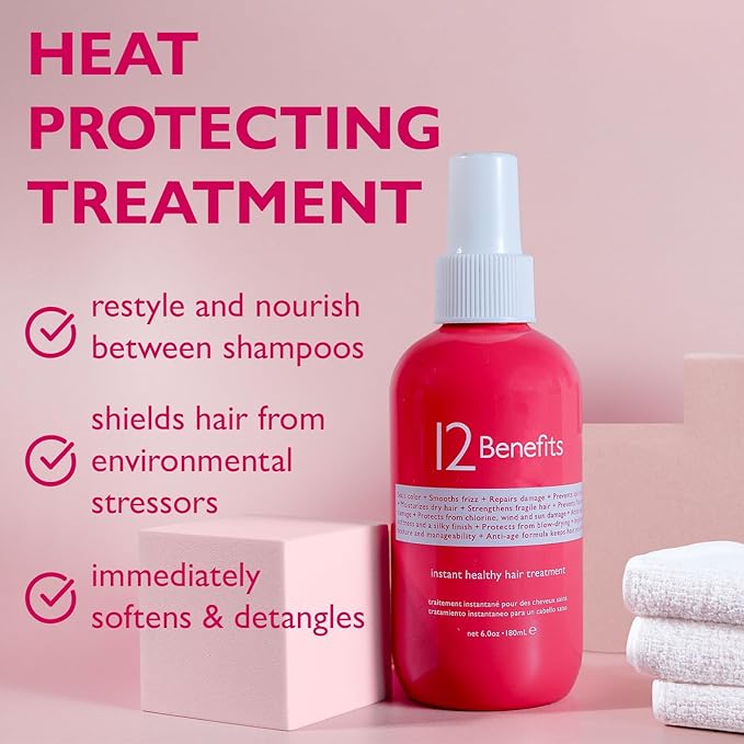 12 Benefits Leave-In Conditioner Spray – Instant Healthy Hair Treatment, Anti-Frizz, Detangles, Strengthens & Repairs, Heat Protection with Quaternium 39 & Silk Fibre Protein, 6 Fl Oz-Velvo Beauty