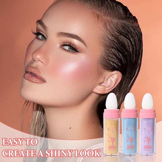 3PCS Polvo De Hadas Highlighter Glitter Stick Body Glitter Shimmer Face Brightening Highlighter Contour Powder Makeup Stick Face Blusher Fairy Glitter Highlighter Makeup - Blue,Yellow,Purple-Velvo Beauty