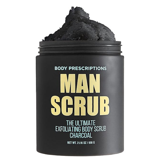 Body Prescriptions Men’s Exfoliating Body Scrub – Ultimate Skin Cleansing Wash in Jar with Twist-Top Lid, For All Skin Types, 21 Ounce (Pack of 1), Charcoal-Velvo Beauty