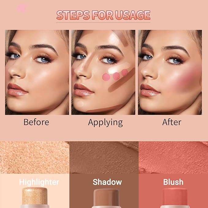 3Pcs Cream Contour Stick, with Highlighter Stick Milk Bronzer Stick Blush Stick, Face Contour Stick Highlighter Makeup with Makeup Brush and Sponge, Easy to Sculpt the Face, Long Lasting-Velvo Beauty
