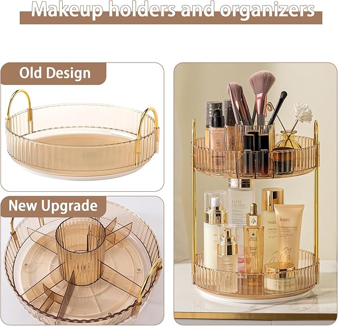Rotating Makeup Organizer for Vanity, High-Capacity Skincare Clear Make Up Storage Perfume Organizers Cosmetic Dresser Organizer Countertop 360 Spinning (Gold, New-2 Tier)-Velvo Beauty