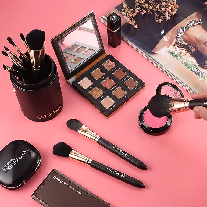 OMANIAC Makeup Brush Set Professional, 12 Pearlescent Wood Handle Makeup Brushes, Premium Cruelty-Free Synthetic Fiber Hair, Travel Make up Brushes Set with Case (Black).-Velvo Beauty