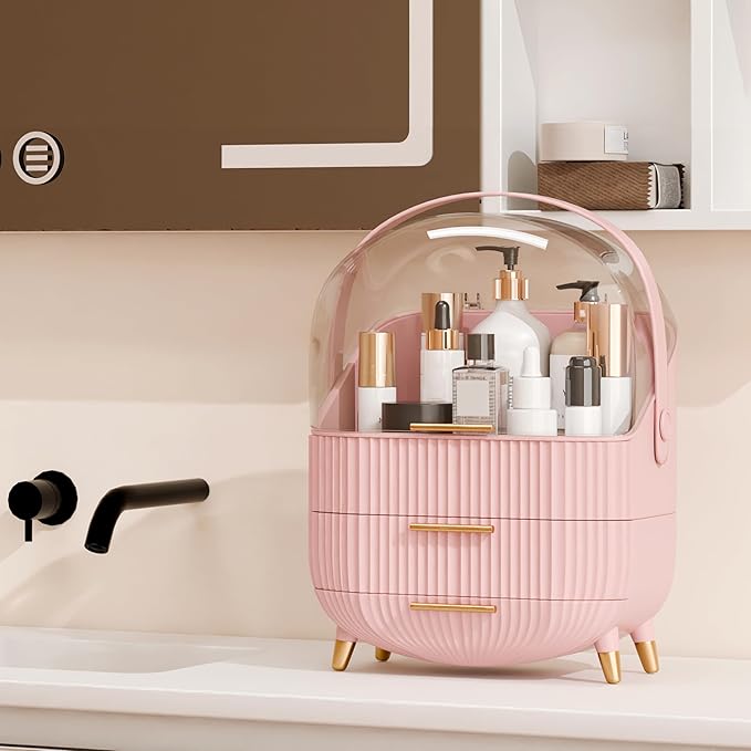 Makeup Organizer for Vanity Cosmetics Skincare Organizers with Lid and Drawers Display Cases for Countertop (Pink)-Velvo Beauty