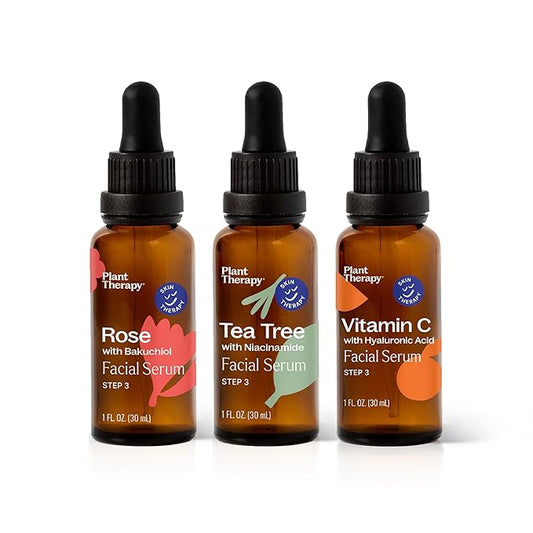 Plant Therapy Facial Serum Trio Set 1 oz each, Vitamin C & Hyaluronic Acid, Rose with Bakuchiol & Tea Tree with Niacinamide, Reduces the Appearance of Fine Lines & Wrinkles-Velvo Beauty