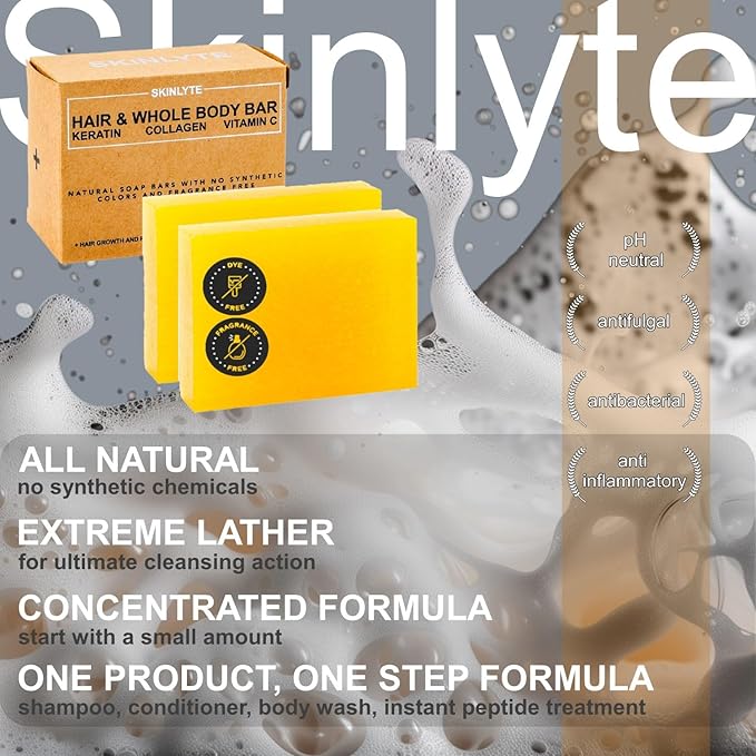 Natural Hair & Whole Body Bar Soap -Hair & Skin Treatment- Keratin & Collagen Peptides | Hair: Promotes Growth, Repair, Strength, Volume | Skin: Anti-Aging, Firm, Elasticity w/Organic Sulfur-Velvo Beauty