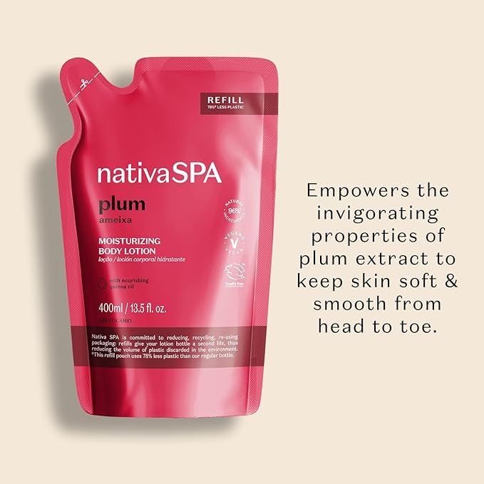 Nativa SPA by O Boticário, Plum Moisturizing Body Lotion Refill Pack, Fragranced Moisturizer Enriched with Purified Quinoa Drops to Boost Hydration, 13.5 Ounce-Velvo Beauty