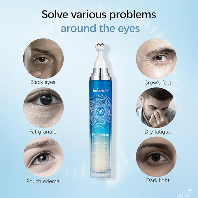 5% Caffeine Eye Serum with 360° Eye Massage Roller Eye Serum for Dark Circles & Relieve Puffiness, Reduce Wrinkles and Fine Lines, Eye Bags, Tighten Lifting Brightening Under Eye Cream-0.5 OZ-Velvo Beauty