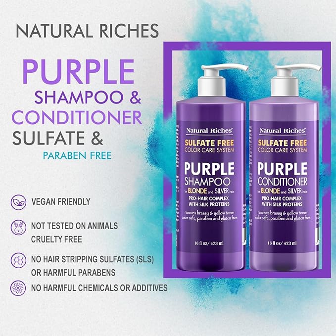 Natural Riches Purple Shampoo and Conditioner Set Sulfate Free Salon Grade for Silver Blonde Platinum Hair. Removes Yellow & Brass tones. Grey Highlighted Hair 16x2 fl oz-Velvo Beauty