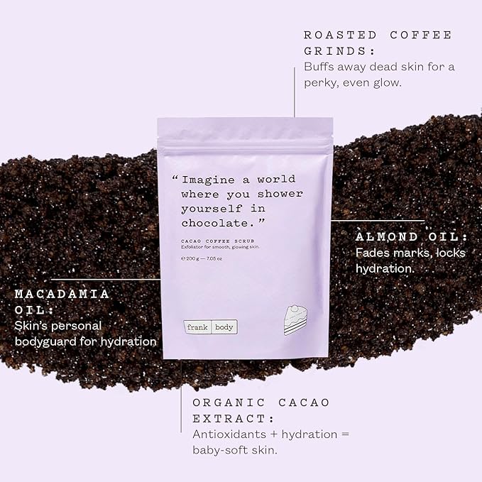 Frank Body Cacao Coffee Scrub | Natural, Vegan, Cruelty Free Exfoliating Body Scrub Smooths, Hydrates, and Nourishes Skin with Cacao Extract, Macadamia Oil, and Vitamins A, E, and D | 7.05 oz / 200 g-Velvo Beauty