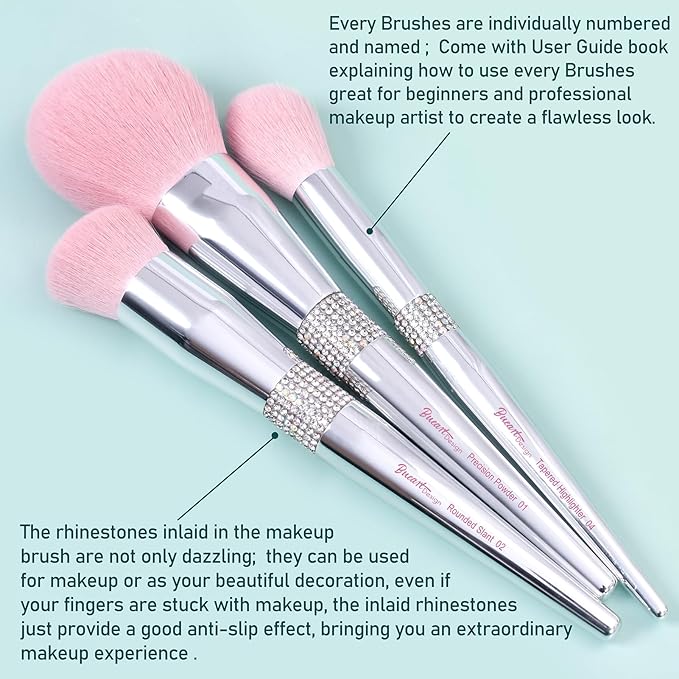 Bueart Design Elegant pink Ultra soft labeled Makeup Brushes Sets with Brush Holder makeup brush set with Foundation Powder blush blending contour Brush (15Pcs Silver Pink+Holder)-Velvo Beauty