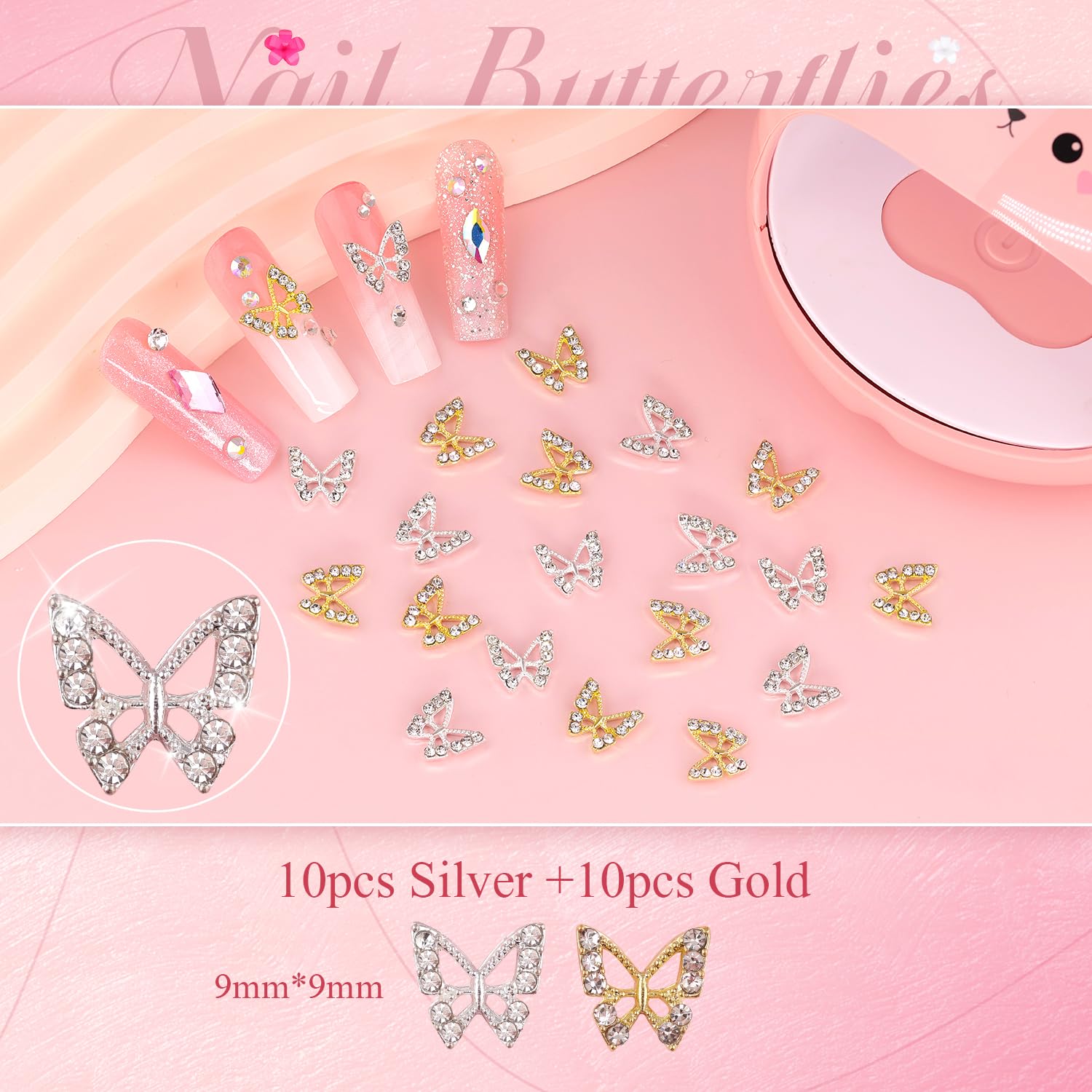 3D Nail Charms and Gems Set 3, 20PCS Gold and Silver Chunky Butterfly Nail Charms with Rhinestones, 3D Flowers for Nails, Crystal and Pearls + Metal Caviar Beads + Picker Tool for Y2K Nail Decoration-Velvo Beauty